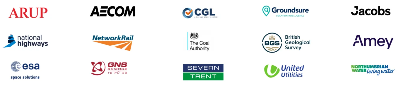 Clientes AndesSAR — ARUP, AECOM, CGL, Groundsure, Jacobs, National Highways, NetworkRail, ESA, GNS Science y más